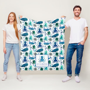 Blauwe nautische Waterverf onder de Zee octopus Fleece Deken