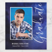 Blauwe Nebula Space Stylish Modern Photo Afstudere Wijn Etiket (Enkel label)