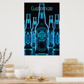 Blauwe Neon Bierflessen Poster (Keuken)