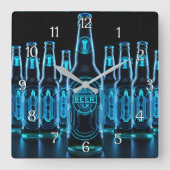 Blauwe Neon Bierflessen Vierkante Klok (Voorkant)