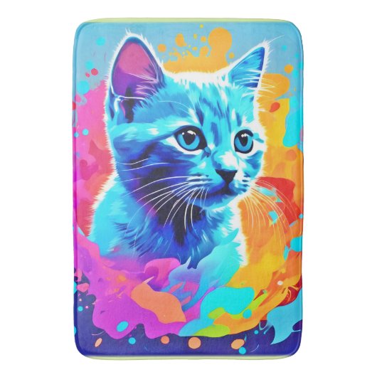 Blauwe Neon Cat in Splatter Badmat (Voorkant Verticaal)