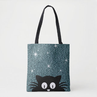 Blauwe Nep Glitter Glans Textuur Met Een kat Draagtas