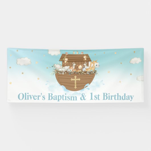 Blauwe Noach's Ark Jongen 1e Verjaardag Doop Achte Spandoek (Horizontaal)