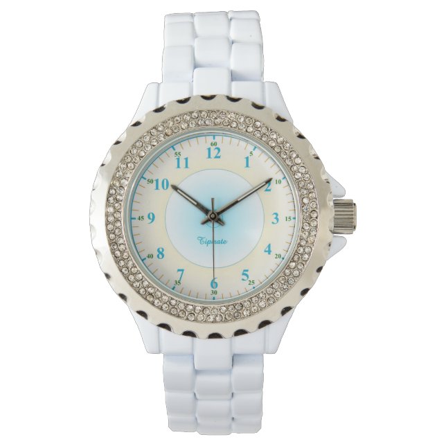 Blauwe Nummers Witte Rhinestone Dames horloge (Voorkant)