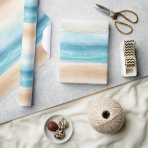 Blauwe Oceaan Crème Zand Verjaardag Cadeaupapier