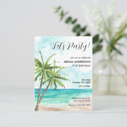 Blauwe oceaan golf strand kokosnoot boom Uitnodigi Kaart (Staand voorkant)