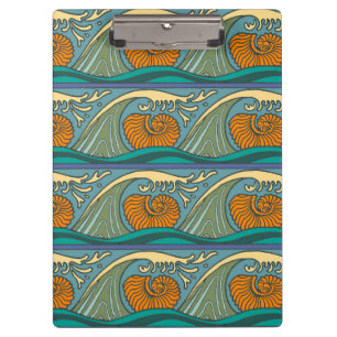 Blauwe Oceaan Golven Nautilus Schelp Art Nouveau Klembord