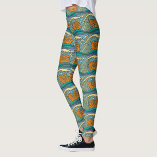 Blauwe Oceaan Golven Nautilus Schelp Patroon Nouve Leggings