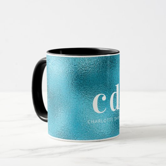 Blauwe oceaan witte monogram mok (Voorkant links)