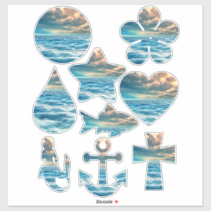 Blauwe Oceaan Zeegezicht Bewolkte Lucht geometrisc Sticker