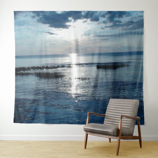 Blauwe Oceaan Zonsondergang Blauwe Wolken Tapestry Wandkleed (In Situ (horizontaal))