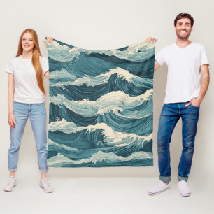 Blauwe oceaangolven fleece deken