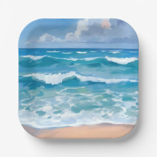 Blauwe Oceaangolven   Strand Zee Aquarel  Papieren Bordje
