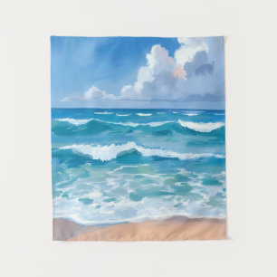 Blauwe Oceaangolven Strand Zee Aquarel Wandkleed