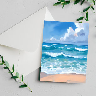 Blauwe Oceaangolven   Strand Zee Aquarelkaart