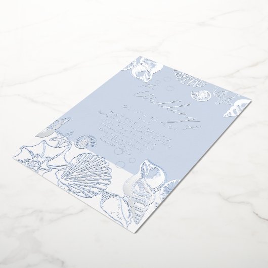 Blauwe Oceaanschelpen Echt Folie Trouw Uitnodiging (Gedraaid)