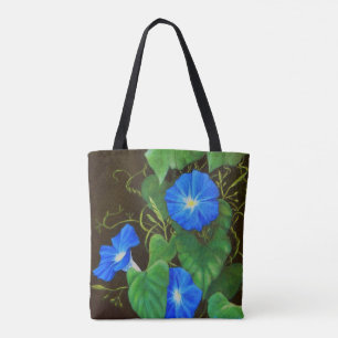 Blauwe ochtend gloriebloem met wijnstokken tote bag