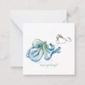 Blauwe Octopus Beachy Mini Kerstmis Waterverf Notitiekaartje (Voorkant)
