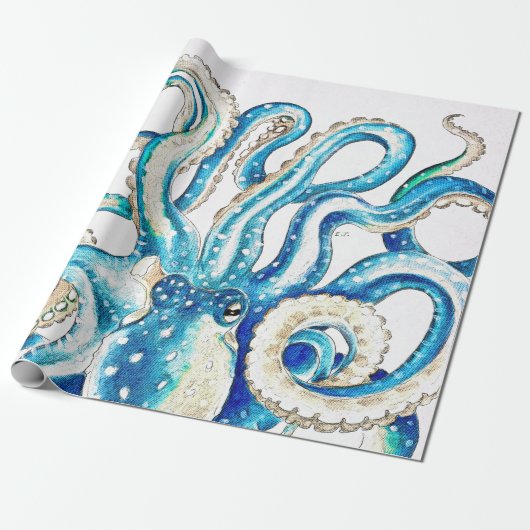 Blauwe octopus Comic Style Cadeaupapier (Uitgerold)
