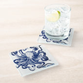 Blauwe octopus glazen onderzetter (Schuin)