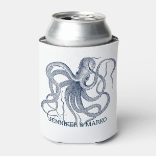 Blauwe octopus illustratie met een aangepast monog blikjeskoeler