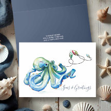 Blauwe Octopus Waterverf Strand Kerstmis