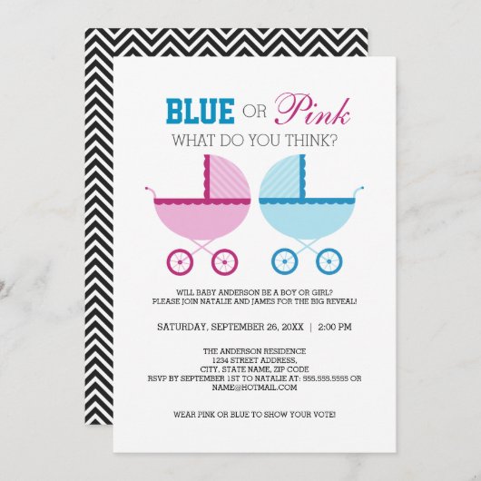 Blauwe of roze geslachtelijke feestelijke uitnodig kaart (Voorkant / Achterkant)