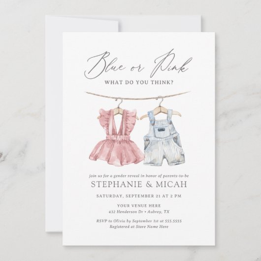 Blauwe of Roze Waterverf Babykleding Geslacht onth Kaart (Voorkant)