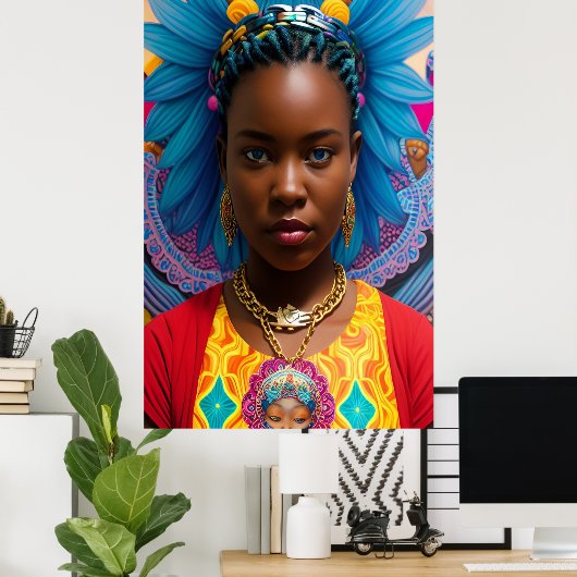 Blauwe ogen Afrikaanse dame met ketens Poster (Thuiskantoor)