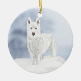 Blauwe ogen, witte Husky, in sneeuw Keramisch Ornament