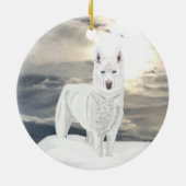 Blauwe ogen, witte Husky, in sneeuw Keramisch Ornament (Achterkant)