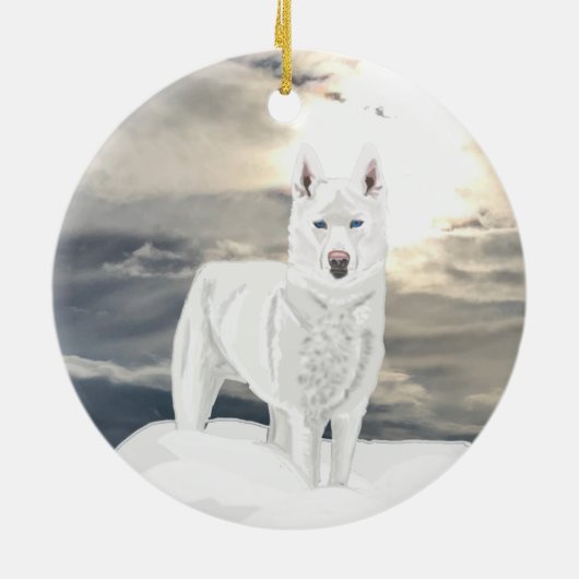 Blauwe ogen, witte Husky, in sneeuw Keramisch Ornament (Achterkant)