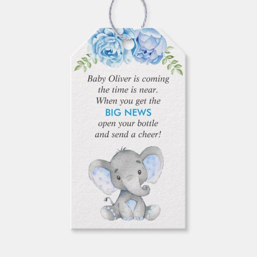 Blauwe Olifant Baby Jongen Douche Mini Fles Favor Cadeaulabel (Voorkant)