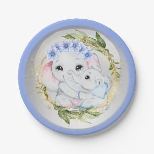 Blauwe olifant baby jongen geboorte eucalyptus lij papieren bordje