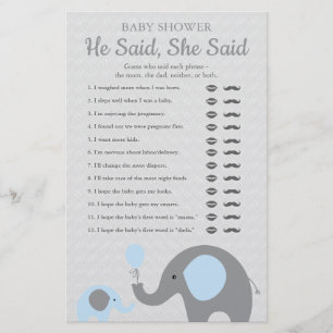 Blauwe Olifant Baby Shower Hij Zei Zij Zei Spel Flyer