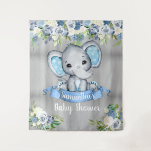 Blauwe Olifant Bloemen Foto Achtergrond Baby Showe Wandkleed
