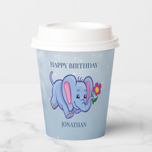 Blauwe olifant met bloem papier cup papieren bekers (Voorkant)