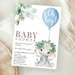 Blauwe Olifant Oh Boy Ballon Baby Shower Kaart