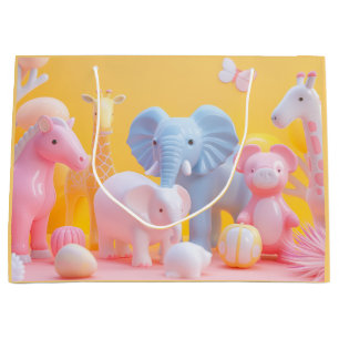 Blauwe olifant, roze paard op geel groot cadeauzakje