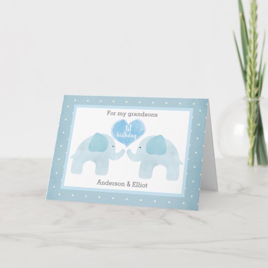 Blauwe olifant Twins 1st Birthday Kaart (Voorkant)