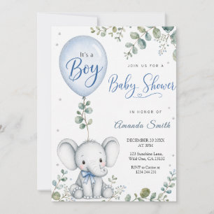 Blauwe Olifant Waterverf Eucalyptus Baby Shower Kaart