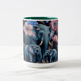 Blauwe olifanten en roze bloemen tweekleurige koffiemok