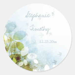 Blauwe olijfgroene bladvogels trouwstokjes ronde sticker