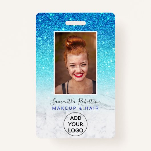 Blauwe ombre glitter marmer logo werknemer foto badge (Voorkant)