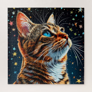 Blauwe Oog Tabby Kat Starnacht Puzzel Voor Volwass
