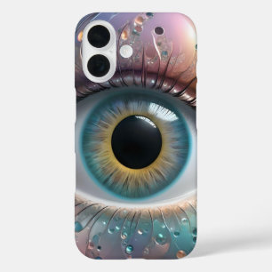 Blauwe oogbol fractale kunst, iPhone 16 hoesje
