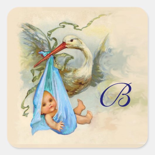 BLAUWE OOIEVAAR BABY SHOWER MONOGRAM VIERKANTE STICKER (Voorkant)