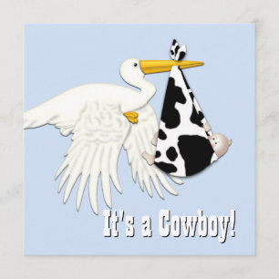 Blauwe Ooievaar Koeienprint Cowboy Baby Shower Kaart