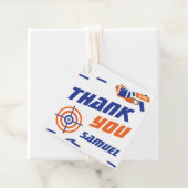 Blauwe, Oranje Dart War Birthday Party Dank je Bedankjes Labels (In situ)