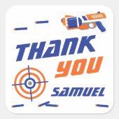 Blauwe, Oranje Dart War Birthday Party Dank je Vierkante Sticker (Voorkant)